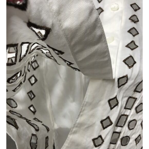 La Rea Collection White Brown Shoulders Pads Shirt Womens top 100% Linen XLarge - Picture 7 of 12